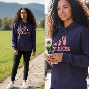 adidas Women's Dark Blue Hoodie with Coral Logo Print